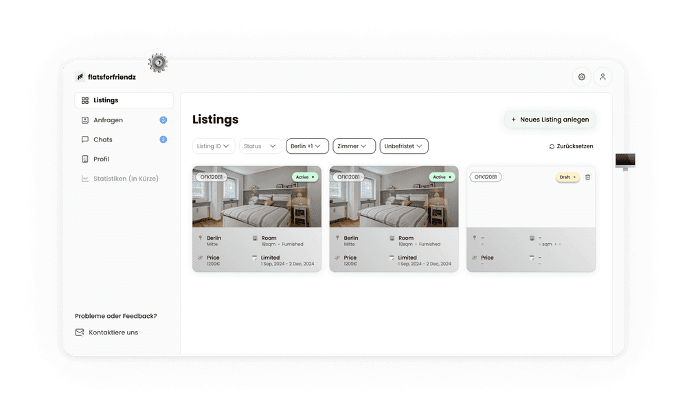 Das Partner Portal am Desktop: die Listing-Übersicht mit Anfragen und Status je Angebot