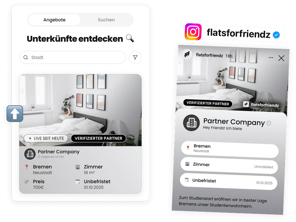 Ein geboostetes Partner-Listing ganz oben in den Suchergebnissen der App, daneben derselbe Beitrag als Instagram-Repost